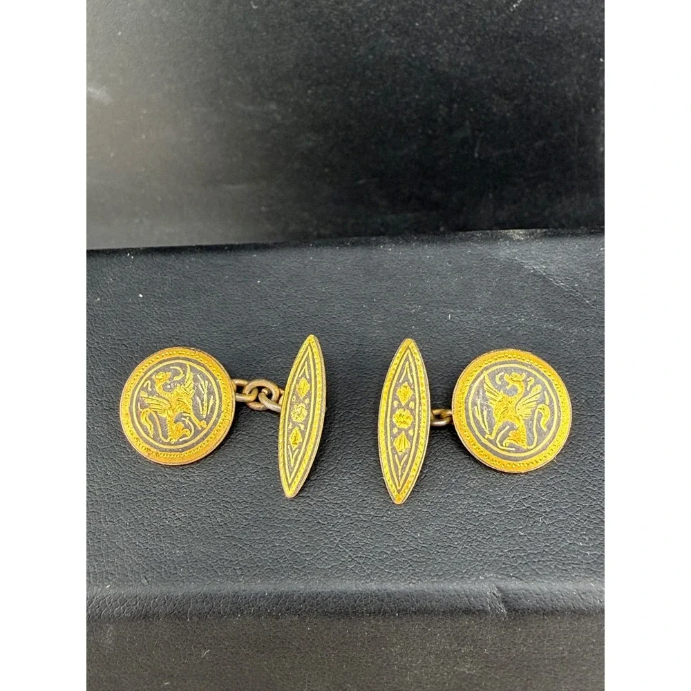 Vintage Damascene Cufflinks Gold Black Griffin Mythical Creature Heraldic READ